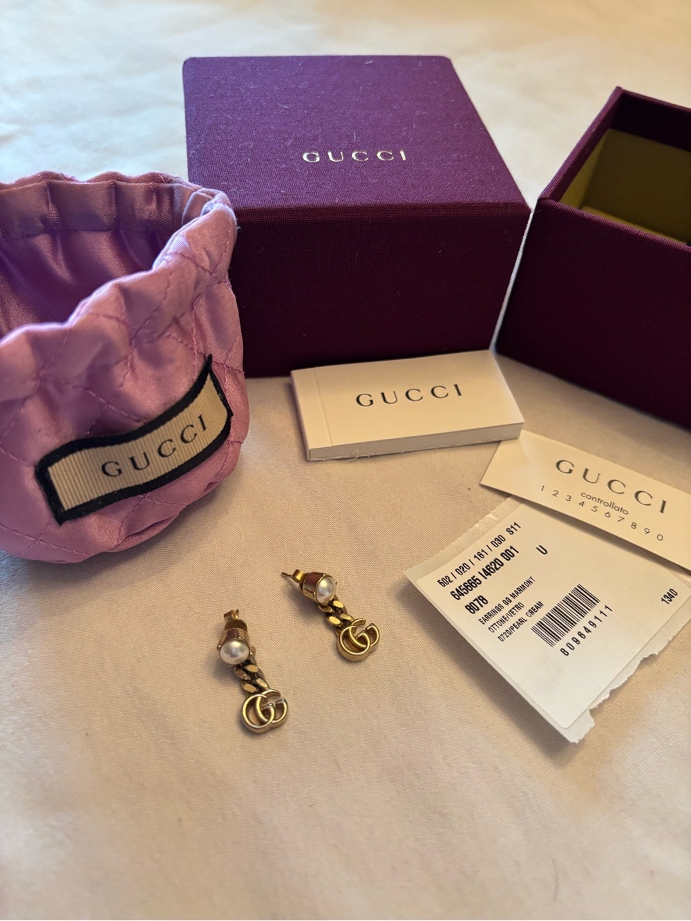Gucci Gold Double G Drop Earrings with Pearl Accents